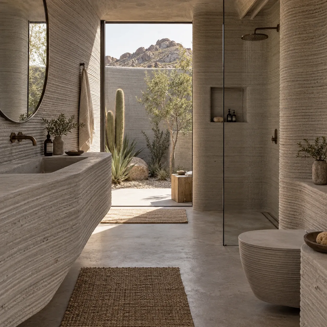 Render de un baño con muros impresos