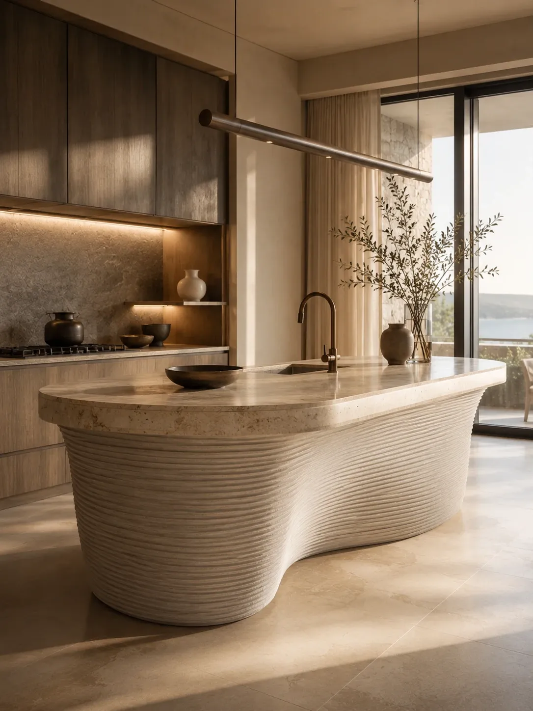 Render de una isla de cocina impresa en concreto