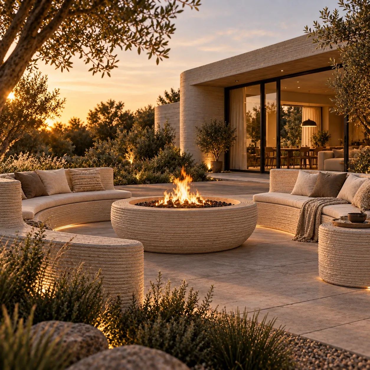 Render de una terraza con fogata impresa