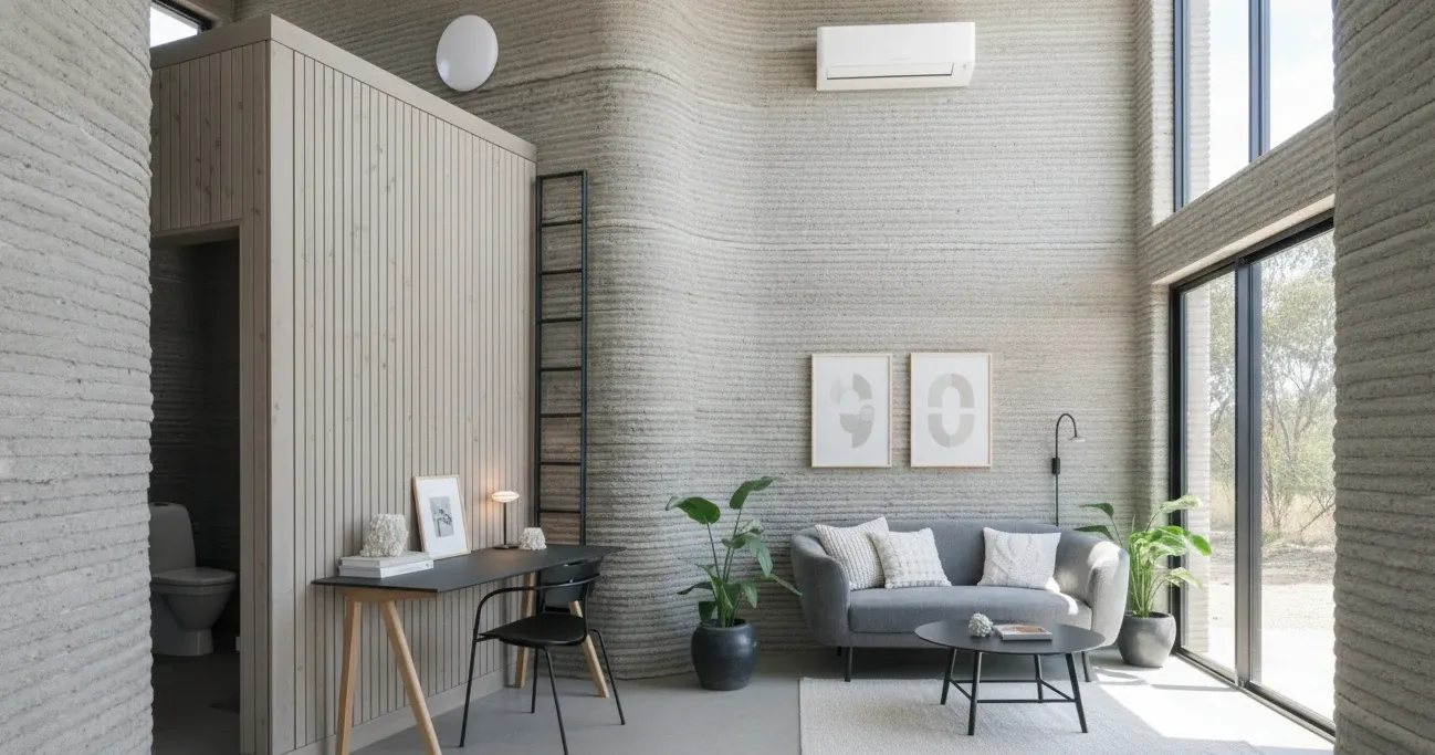 Render de un interior con muros impresos en 3D